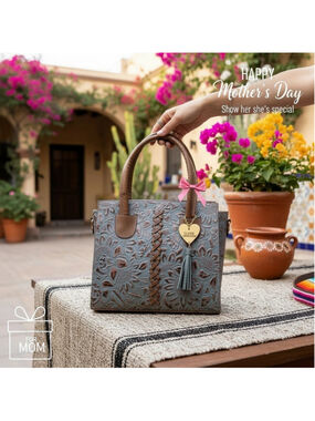 Blue Gray Bronze Sunflower Stitched Embossed Tooled Artisan LEATHER Bag Purse